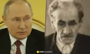 Podzielony obraz: Władimir Putin po lewej, postać historyczna po prawej.