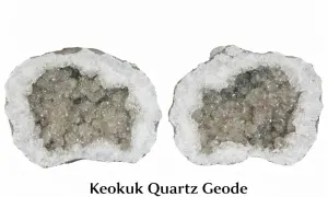 Dwie połówki geody kwarcowej z kryształkami kwarcu w środku.