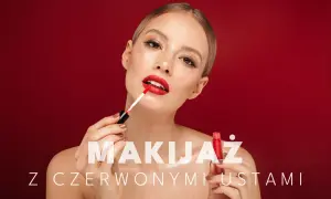 Kobieta nakłada błyszczyk, tworząc idealne czerwone usta. Makijaż z czerwonymi ustami podkreśla jej urodę.