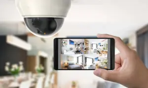 Caméra de surveillance au plafond et smartphone affichant plusieurs flux vidéo, un type d'alarme moderne pour la sécurité domestique.