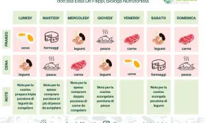 Piano alimentare settimanale per dimagrire con pasti bilanciati: uova, legumi, pesce, carne e formaggi. Note per la spesa e cucina.