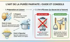 Guide pour une purée maison parfaite : préparation, cuisson, égouttage. Évitez le mixeur, privilégiez presse-purée ou fourchette pour une texture aérée.