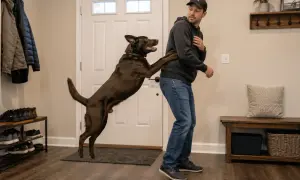 A man in jeans and a hoodie tries to stop his excited dog from jumping on him. This image illustrates how to stop a dog from jumping on people.