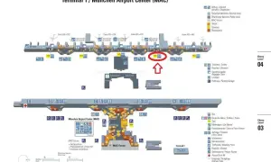 Plan lotniska w Monachium, Terminal 1. Widoczny jest obszar MAC z zaznaczonym przystankiem TAXI BUS.