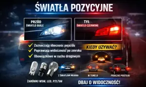 Światła pozycyjne: białe z przodu, czerwone z tyłu. Niezbędne dla widoczności i bezpieczeństwa na drodze.