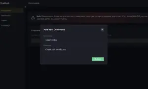 Ein Fenster zum Twitch bot einrichten zeigt, wie man einen neuen Befehl mit der Antwort "Check out own3d.pro" hinzufügt.
