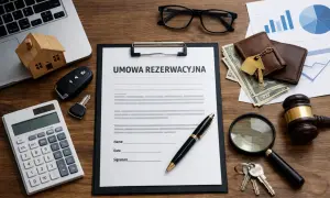 Na biurku leży umowa rezerwacyjna domu, klucze, pieniądze i młotek sędziowski.