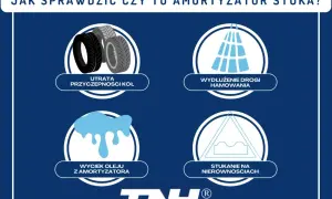 Objawy zużycia amortyzatorów: utrata przyczepności, wydłużenie drogi hamowania, wyciek oleju z amortyzatora, stukanie na nierównościach.