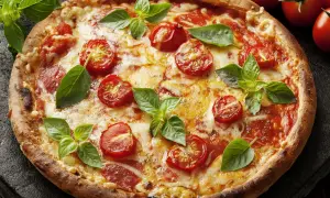 Pyszna pizza z pomidorkami i bazylią. Proste ciasto na pizzę zawsze wychodzi, a ta wygląda idealnie!