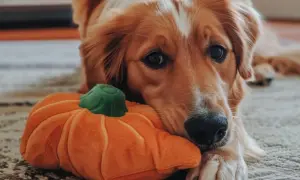 Złoty retriever leży obok pluszowej dyni, zastanawiając się, czy pies może jeść pestki dyni.