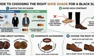 Schwarzer Anzug mit braunen Schuhen: Espresso-braune Schuhe für formelle Anlässe, hellere Brauntöne für lässige Looks. Leder für Eleganz, Wildleder für Freizeit.