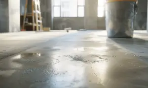 Sol fraîchement préparé pour un ragréage étanche. Un seau et une échelle sont visibles en arrière-plan.