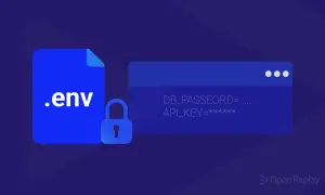 Icône de fichier .env avec un cadenas, symbolisant la sécurité des données. Le panneau affiche des informations sensibles comme DB_PASSEORD et API_KEY.
