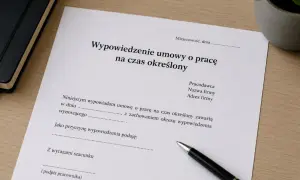 Dokument "Wypowiedzenie umowy o pracę na czas określony" leży na biurku. To ważny moment, kiedy złożyć wypowiedzenie.
