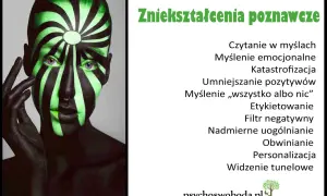 Osoba z zielono-czarnym malowaniem twarzy, symbolizującym zniekształcenia poznawcze, jak czytanie w myślach czy katastrofizacja.