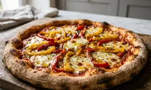 Une délicieuse pizza poivron rouge et jaune, garnie de mozzarella fondante et d'herbes, sur une planche en bois rustique.