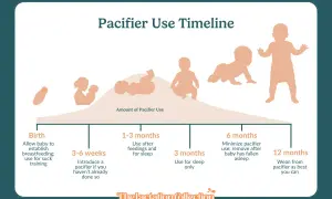 Timeline shows when can I give my baby a pacifier: birth for suck training, 3-6 weeks to introduce, 1-3 months for feedings/sleep, 3 months for sleep only, 6 months minimize, 12 months wean.