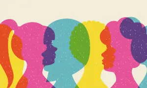 Kleurrijke silhouetten van hoofden, overlappend en in gesprek. Een subtiele hint van manipulatief gedrag in de interactie.