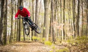 Mountainbiker springt in einem Bikepark in Tschechien über eine Schanze.