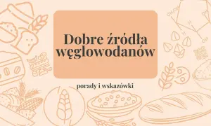 Grafika z hasłem "Dobre źródła węglowodanów" i ilustracjami pieczywa, zbóż, ryżu i bananów.