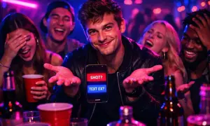 Młody mężczyzna trzyma telefon z pytaniami "SHOT?" i "TEXT EX?". W tle śmieją się znajomi. Co wolisz jedzenie?