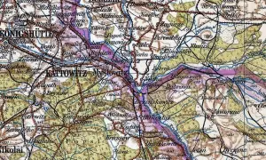 Mapa przedstawia obszar z zaznaczoną granicą 3 państw, z widocznymi miastami jak Katowice, Mysłowice i Jaworzno.