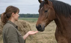 Kobieta podaje koniowi leki. Koń delikatnie bierze je z dłoni.
