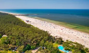 Słoneczne plaże w Polsce tętnią życiem. Tłumy plażowiczów, zielony las i błękitne morze tworzą wakacyjny krajobraz.