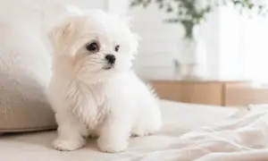 Adorable cachorro de raza de perro bichón maltés, con su pelaje blanco y esponjoso, sentado en una cama.