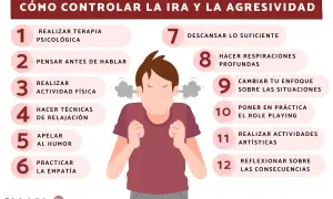 Infografía sobre cómo controlar la ira y la agresividad, con consejos como terapia, ejercicio y empatía para una mejor gestión de la ira.