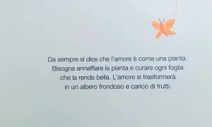 Farfalla arancione vola sopra un testo che parla di come l'amore, come una pianta, ha bisogno di cure e attenzioni per crescere e dare frutti. Un bisogno di amore che trasforma.