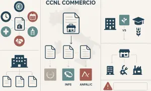 Schema sul CCNL Commercio: contratti, orari, ferie, permessi, e accordi per le pause di lavoro.