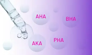 Kropla serum z pipety zawiera różne rodzaje kwasów: AHA, BHA, AKA i PHA.