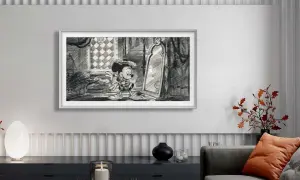 Mickey Mouse blickt in einen Spiegel. Ein moderner Fernseher, der wie ein Bild aussieht, hilft, Technik im Wohnzimmer zu verstecken.