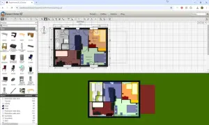 Program do projektowania domu Sweet Home 3D pokazuje rzut piętra z meblami i widok 3D.