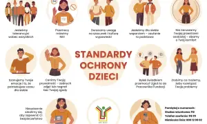 Grafika przedstawia zasady ochrony dzieci. Wokół centralnego napisu "STANDARDY OCHRONY DZIECI" znajdują się ilustracje i hasła, np. "Przemocy mówimy NIE!", "Nie naruszamy Twojej przestrzeni osobistej", "volenti non fit iniuria".