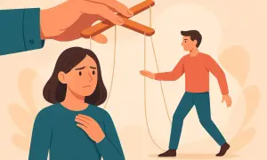 Dłoń steruje ludzikami jak marionetkami. Ilustracja pokazuje **techniki manipulacji** i brak wolnej woli.