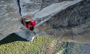 Alex Honnold klettert free solo die steile Felswand hinauf. Unter ihm erstreckt sich ein grünes Tal mit Bäumen.