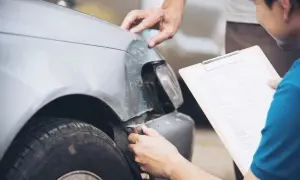 Deux hommes examinent les dégâts sur une voiture, peut-être suite à un délit de fuite. L'un tient un formulaire de déclaration de sinistre.