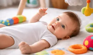 Un bebé de 3 meses, con ojos azules y una sonrisa curiosa, juega rodeado de coloridos juguetes en una alfombra suave.