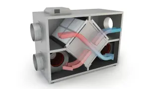 En genomskärning av ett ventilationsaggregat visar hur varm och kall luft flödar genom filter och värmeväxlare för att skapa ett behagligt inomhusklimat i huset.