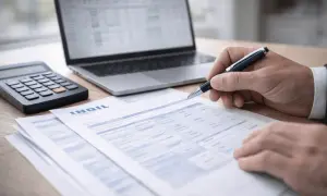 Calcolo del costo INAIL dipendente con calcolatrice, laptop e documenti.
