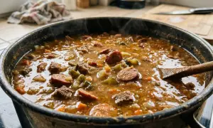 Gęsta zupa z kiełbasą i mięsem, parująca w garnku. Idealna porcja to około 300-400 ml zupy na osobę.
