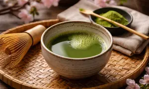 En skål med grön matcha latte, en bambuvisp och en skål med matchapulver. Blommor i bakgrunden.
