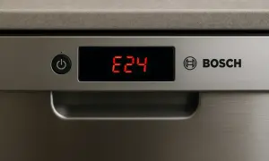 Wyświetlacz zmywarki Bosch pokazuje błąd E24. Czerwone cyfry E24 na czarnym tle, obok przycisku zasilania i logo Bosch.