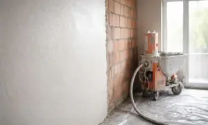 Obrzutka cementowa na ścianie z cegły, przygotowana przez maszynę tynkarską.