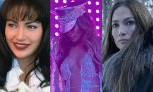 Jennifer Lopez w filmach: jako Selena, w błyszczącym stroju scenicznym i w zimowej scenerii.