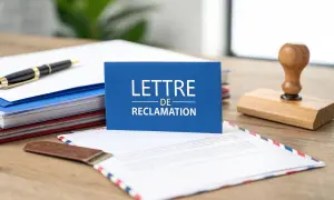 Une lettre de réclamation est prête à être envoyée, un exemple de plainte contre son bailleur, avec un stylo, des dossiers et un tampon sur un bureau en bois.