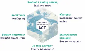 Grafika przedstawia schemat terapii ACT: kontakt z chwilą, akceptacja, defuzja, ja jako kontekst, wartości, zaangażowane działanie.