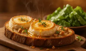 Tranche de pain grillé garnie de deux ronds de **chèvre chaud** fondants, arrosés de miel doré et parsemés de noix et de thym. Vapeur s'échappant.